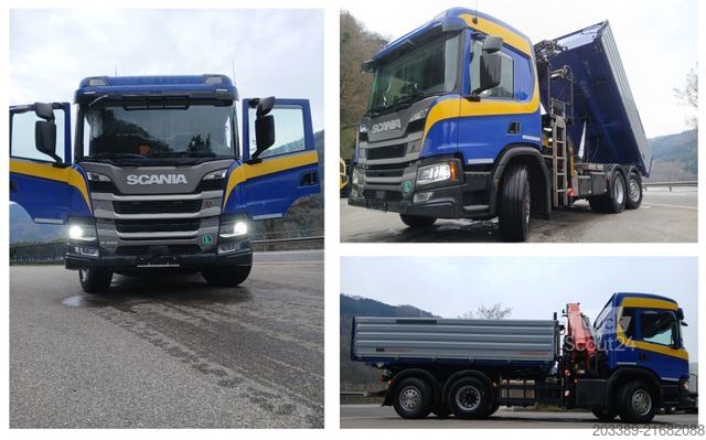 Camion-benne tricar SCANIA P450/3S-KIPPER/FRONT-KRAN/TÜVV/138.425km