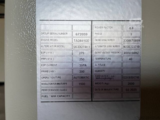 šķembas Volvo TAD841GE - 275 kVA Generator - DPX-18876