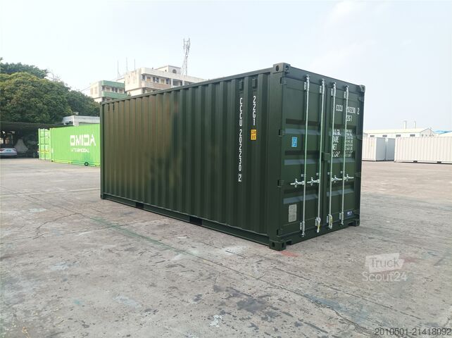 Contentor de transporte 20 Fuß Seecontainer / Neucontainer Flaschengrün RAL 6007 / Materiallager/