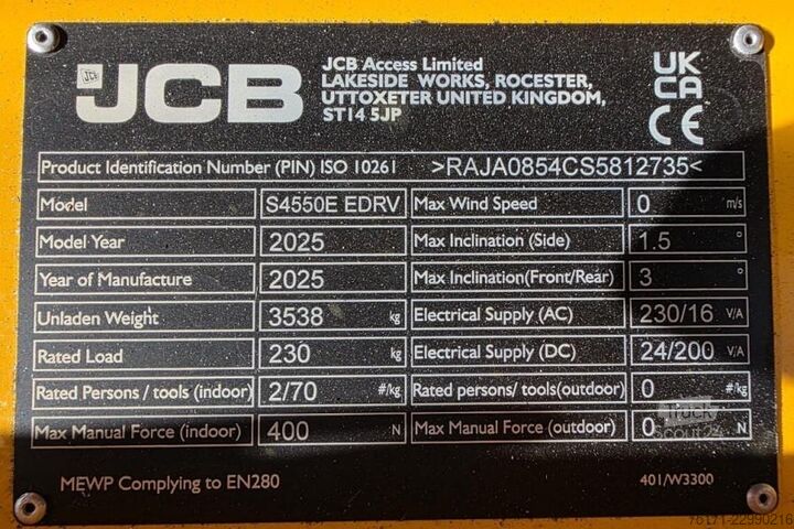 رافعة JCB S4550E، تفتيش ساري المفعول، ارتفاع عمل 16 متر، حمولة 230 كجم JCB S4550E Valid inspection, 16m Working Height, 230kg