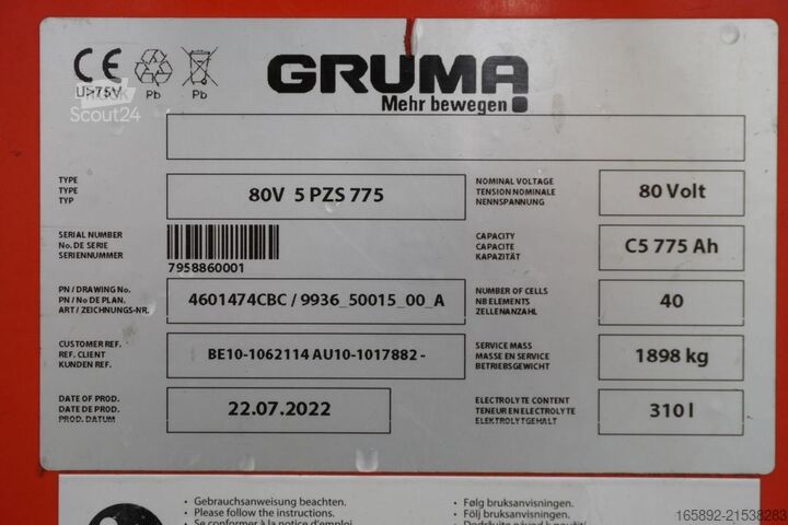 Gabelstaplerbatterie GRUMA 80 Volt 5 PzS 775 Ah