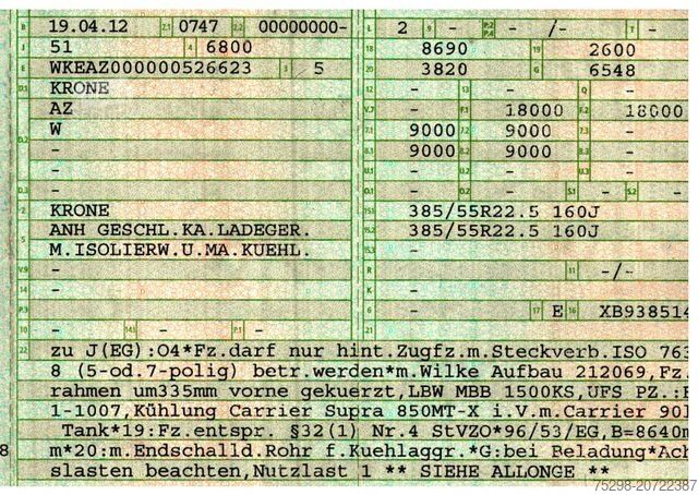 Рефрижераторный прицеп KRONE AZ / Ldbw / Carrier Supra 850MT-X / FRC 04.2018