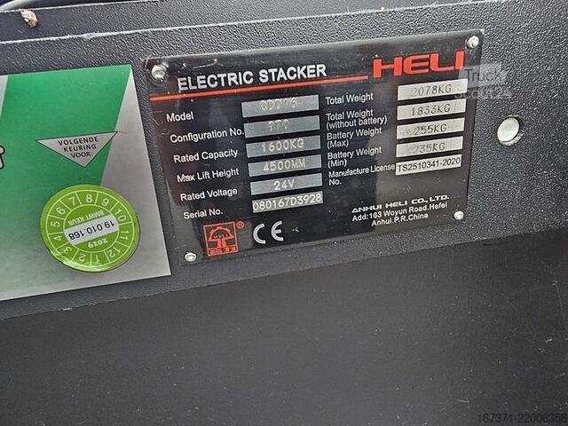 Smalle gang heftruck HELI CDD 16 | ELECTRIC | 1600 KG.| HEIGHT 4.50 MTR |...