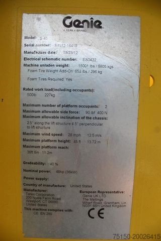 Arbeitsbühne GENIE S-45 - 14 m - Nr.: 419