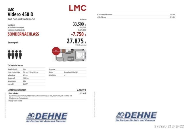 Campingvogn LMC Videro 450 D Dusch Paket, Sondernachlass 7.750