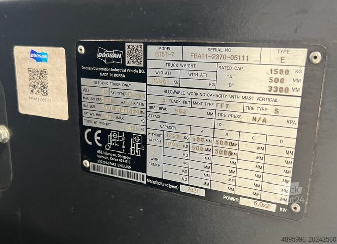 3-hjulet gaffeltruck DOOSAN B15T-7/2021y./ Lithium battery/New price