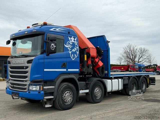 Flatbed truck SCANIA G450 8x4 Pritsche mit Kran Palfinger PK76002 EH