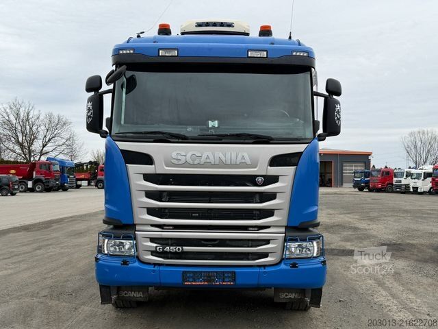Flatbed truck SCANIA G450 8x4 Pritsche mit Kran Palfinger PK76002 EH