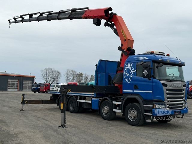 Flatbed truck SCANIA G450 8x4 Pritsche mit Kran Palfinger PK76002 EH