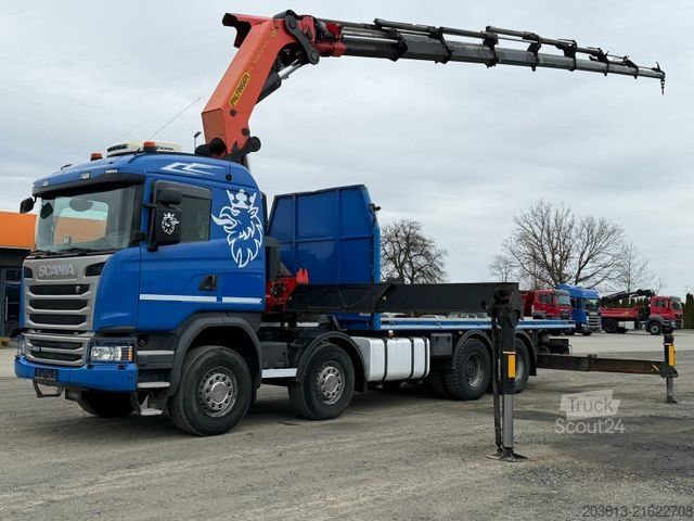 Flatbed truck SCANIA G450 8x4 Pritsche mit Kran Palfinger PK76002 EH