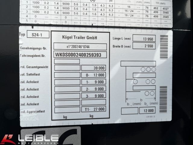 Semi-remorque bâchée KÖGEL SN 24*Standard Tautliner*Zertifikat Code XL*SAF*