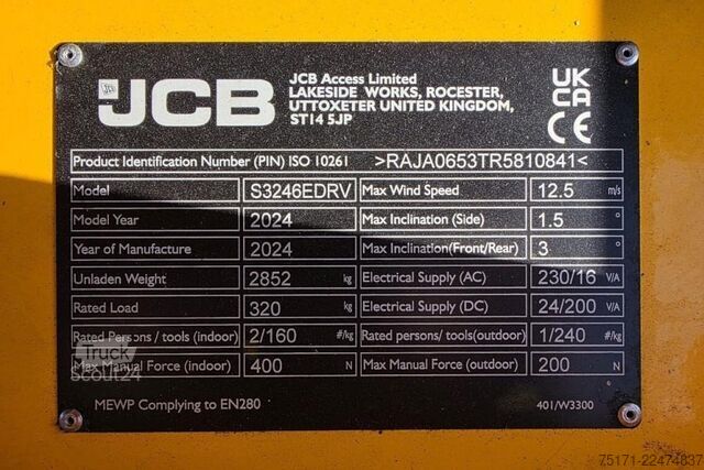Škarjasto dvigalo JCB S3246E Electric, 12m Working Height, 320kg Capacit
