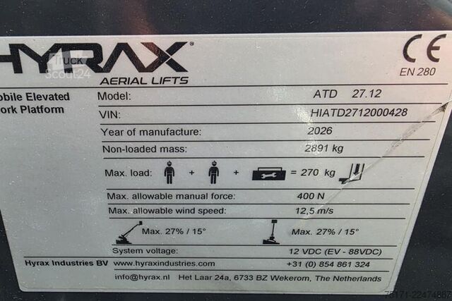 Plate-forme télescopique Hyrax ATD 27.12 Diesel, 12.6m Working Height 12.6m Reach