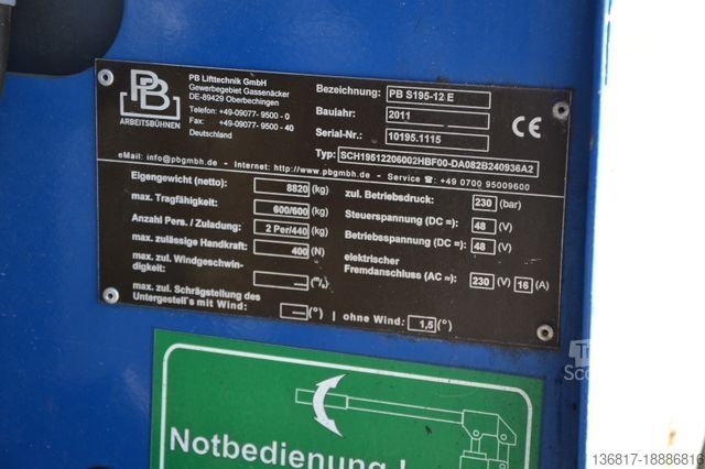 Arbeitsbühne  PB Liftttechnik / PB S195-12 E / AH 19,6 m