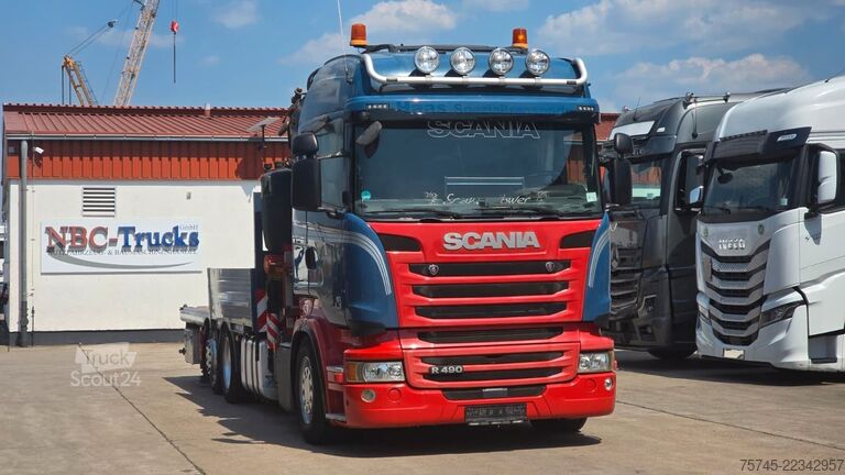 Camion cu platformă SCANIA R 490 * RETARDER * FASSI 14 M * LENK/LIFTACHSE *