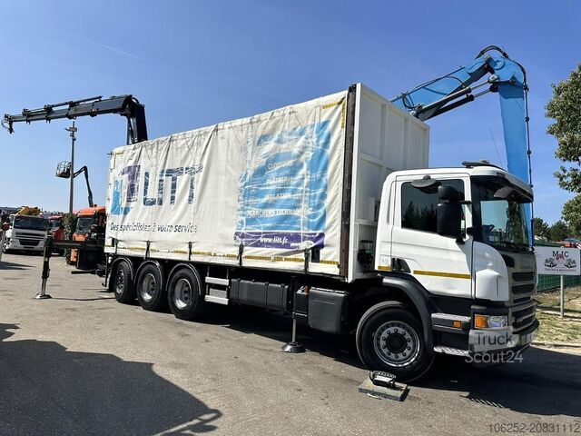 Telone scorrevole Scania P410 8x4 TRIDEM PRITSCHE PLANE + KRAN HIAB 244 ...