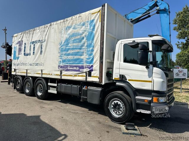 Telone scorrevole Scania P410 8x4 TRIDEM PRITSCHE PLANE + KRAN HIAB 244 ...