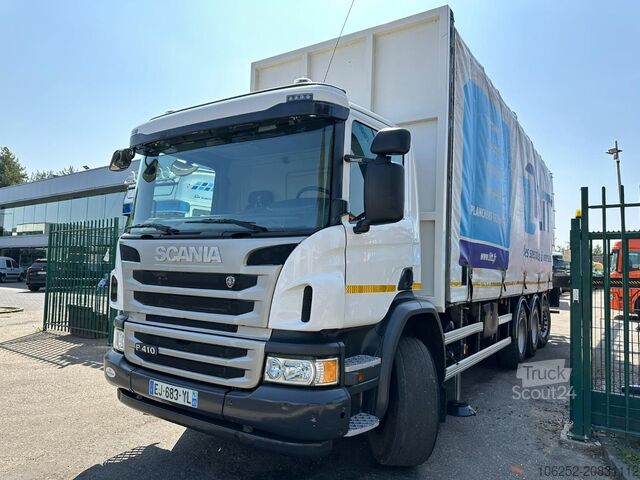 Telone scorrevole Scania P410 8x4 TRIDEM PRITSCHE PLANE + KRAN HIAB 244 ...