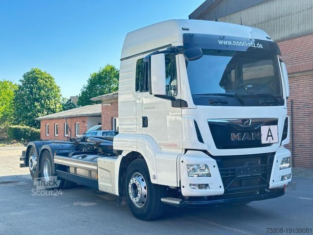 Camión portacontenedores de gancho MAN TGS 26.470 Meiller RS21.70 Lenk PTO Motorseitig