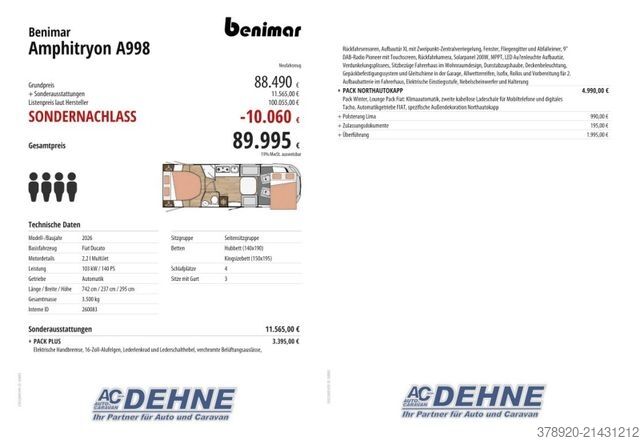 Integroitu matkailuauto BENIMAR Amphitryon A998 Sondernachlass EUR 10.060,00
