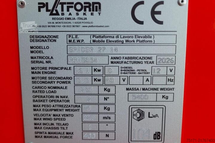Articulated telescopic work platform Platform Basket Spider 27.14 CE Declaration, Valid inspection, *Gu