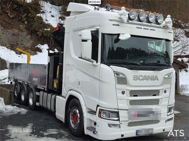 Ciężarówka z dźwigiem Scania R500 8x4 flatbed truck with 23 t/m Palfinger crane