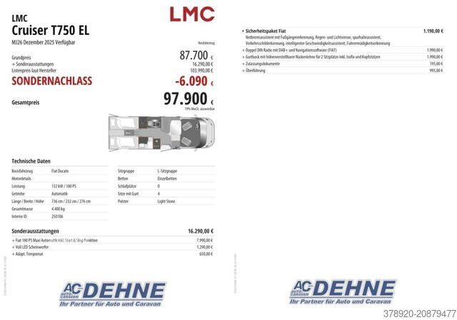 Halvintegreret autocamper LMC Cruiser T750 EL 180 PS, 4,4tn, 3e+4e Sitzplatz
