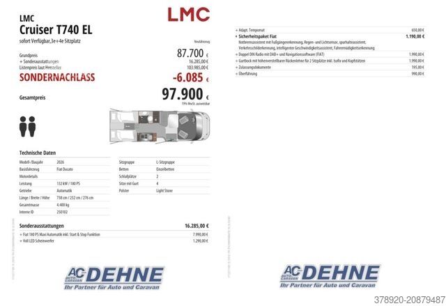 Półzintegrowany kamper LMC Cruiser T740 EL sofort Verfügbar,3e+4e Sitzplatz