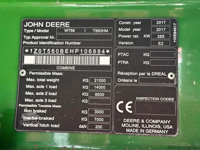 Kombains John Deere WT56/T560HM Mähdrescher *verunfallt*