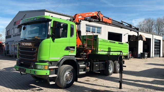 Üç taraflı damperli kamyon SCANIA G450 Kipper KRan Atlas 206.3E AHK Bordmatic FUNK