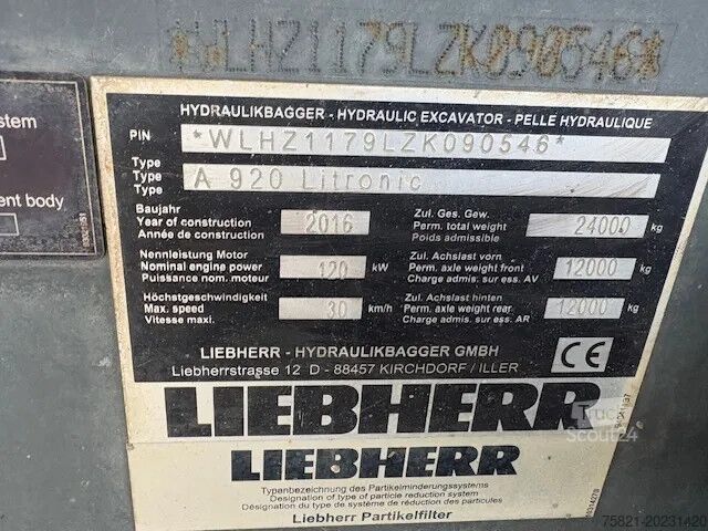 Ratinis ekskavatorius Liebherr A 920 Litronic Likufix SW 48 + Powertilt
