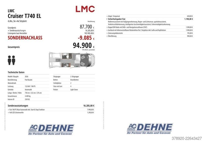 Puoliksi integroitu matkailuauto LMC Cruiser 740 EL CSD Aktion € 4.450,00 Nachlass