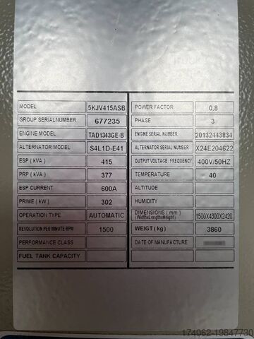 Agregat Volvo TAD1343GE-B - 415 kVA Generator - DPX-18879