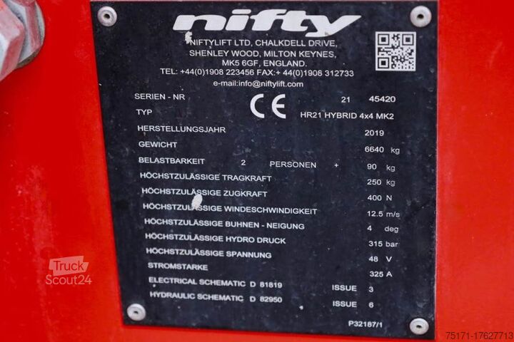 Mafsallı teleskopik çalışma platformu Niftylift HR21 HYBRIDE 4x4 Valid Inspection, Hybrid, 4x4 Dri