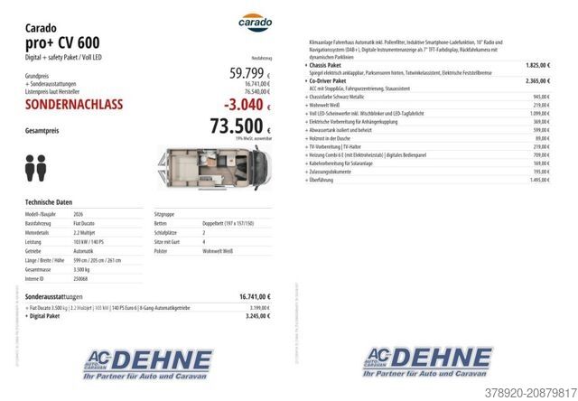 Avtodom CARADO pro+ CV 600 Digital + safety Paket / Voll LED