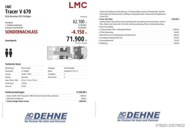 Caravana semiintegrada LMC Tracer V 670 MJ26 November 2025 Verfügbar