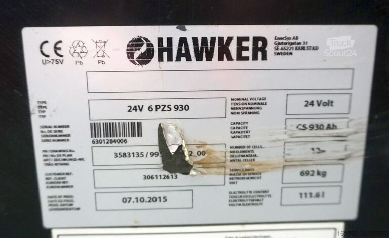 Batería de carretilla elevadora HAWKER 24 Volt 6 PzS 930 Ah
