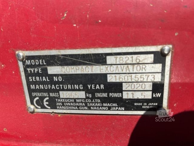 Mini-escavadora TAKEUCHI TB 216 Minibagger Löffel nur 731h